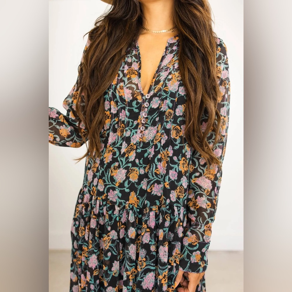 NWT Free People See It Through Floral Chiffon Maxi Dress Long Sleeve Sz XS - Picture 12 of 12